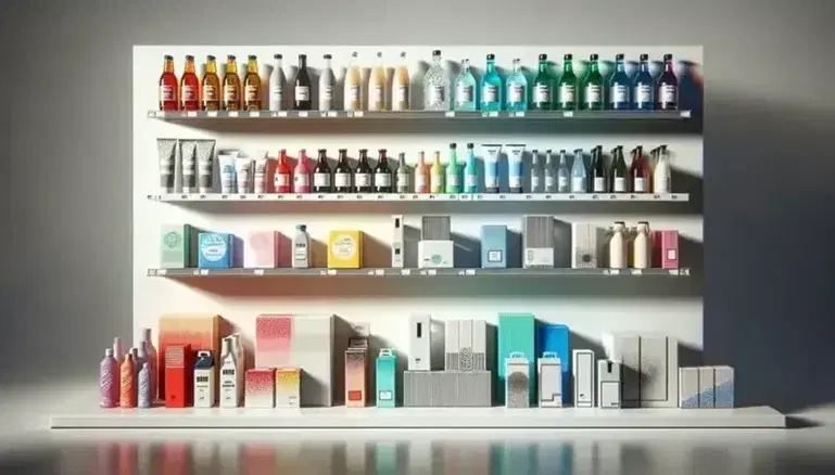 Supermarket shelf stocked with colorful liquid bottles, white geometric-patterned boxes, sleek silver cylindrical containers, and glossy solid-colored bags.