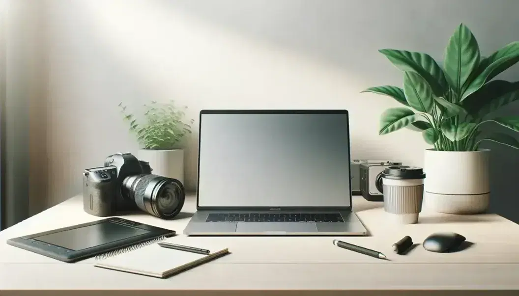 Modern content marketing workspace with a laptop, DSLR camera, drawing tablet, potted plant, and a steaming cup of coffee on a wooden desk.