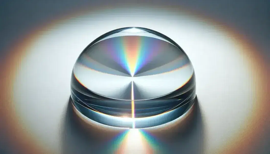 Biconvex lens on white background refracting light into a spectrum, demonstrating light dispersion with a subtle rainbow effect and lens reflection.