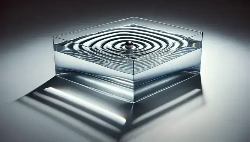 Ripple tank experiment showing concentric circular water ripples from a dropped metal ball, with wave patterns projected as light and shadow.