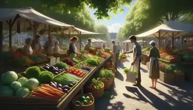Bustling farmers' market with fresh produce in wicker baskets, eco-friendly goods, shoppers with reusable bags, and a sunny, leafy backdrop.