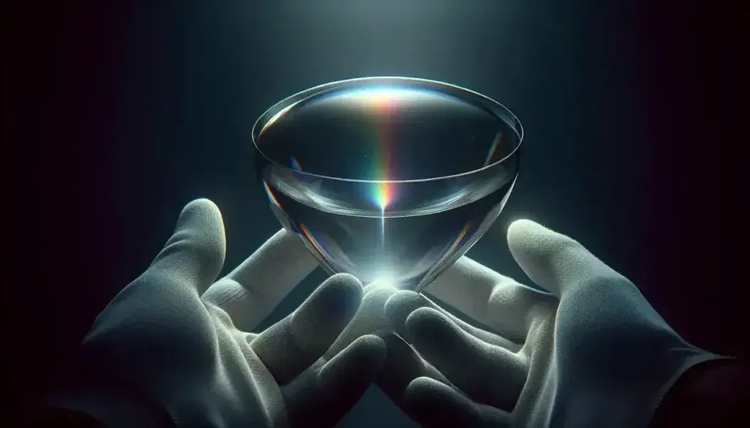 Biconvex glass lens held in white gloves, dispersing white light into a spectrum of colors against a dark background.