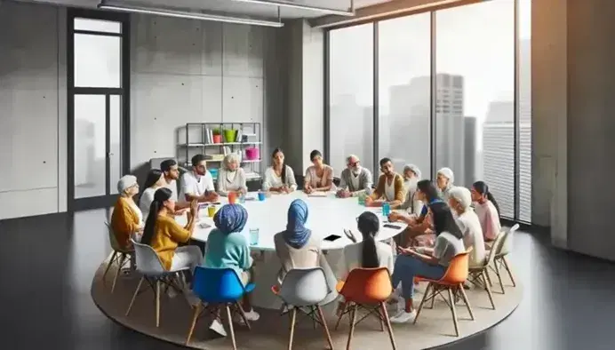 Diverse focus group engaging in discussion around an oval table in a bright room with simple decor and a city view through a large window.