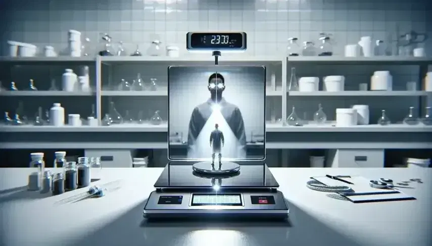 Modern laboratory with high-precision scale and reflective surface under a bright light, scientist with clipboard in background, and assorted scientific equipment.
