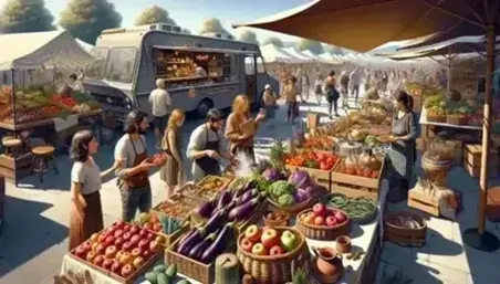 Outdoor market scene with customers shopping at stalls selling fresh fruits, vegetables, wooden utensils, and ceramics, with a food truck serving hot meals.