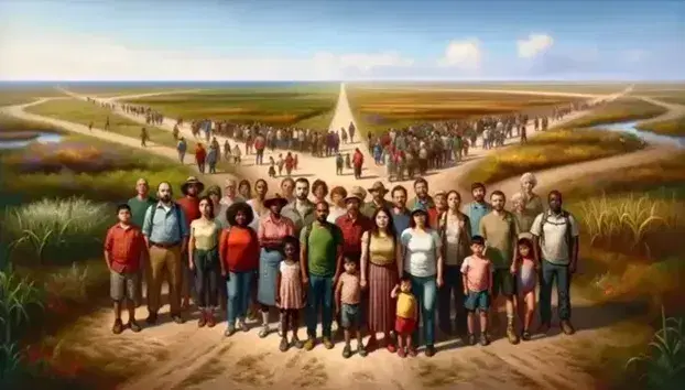 Diverse group of people at a natural crossroads, with various paths stretching into the horizon under a clear blue sky, reflecting a multicultural journey.