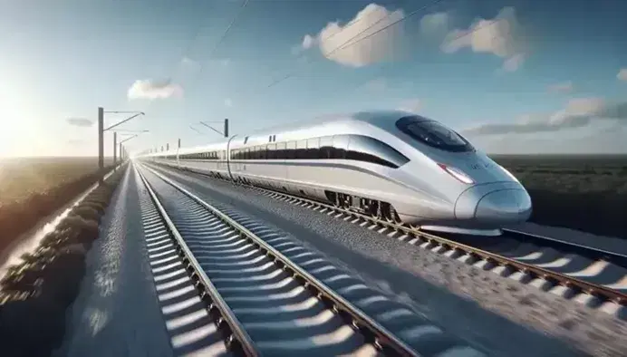 High-speed train with red stripe in motion on tracks through rural landscape, reflecting blue sky in tinted windows, under clear skies with wispy clouds.