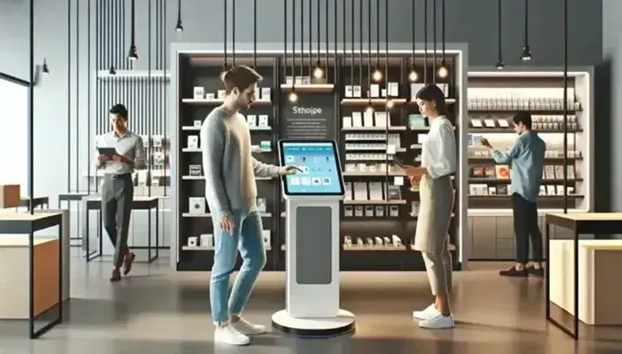 Modern retail space with customer using touch-screen kiosk, organized shelves with color-sorted products, and assistant with tablet aiding shopper.