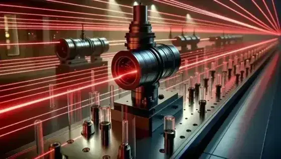 Laboratory laser apparatus with red coherent beam passing through multiple transparent lenses, demonstrating parallel light propagation in a scientific setting.