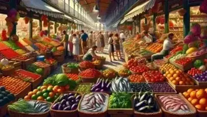 Vibrant Spanish market scene with colorful fresh fruits, vegetables, and seafood on display, bustling with diverse shoppers under sunny skies.