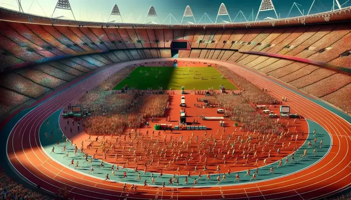 Atleti in gara su pista d'atletica rossa in stadio olimpico affollato, sotto cielo azzurro, con blocchi di partenza e spettatori colorati.
