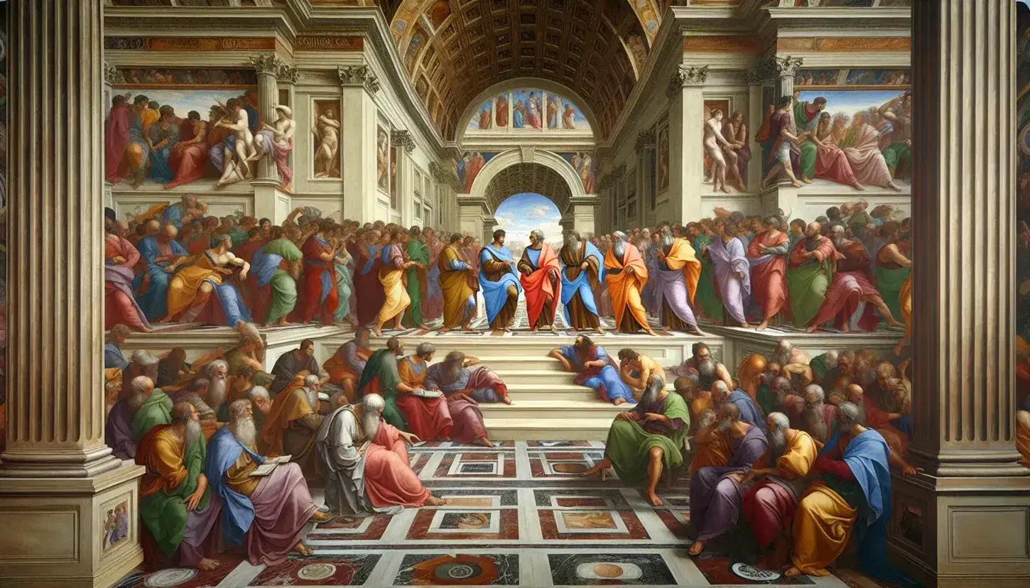 Affresco di Raffaello "La Scuola di Atene" con filosofi in dialogo, architettura classica e strumenti scientifici illuminati dalla luce naturale.
