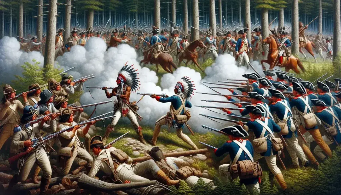 British and French soldiers clash in a forest during the French and Indian War, with muskets and bayonets, as a Native American ally wields a tomahawk.