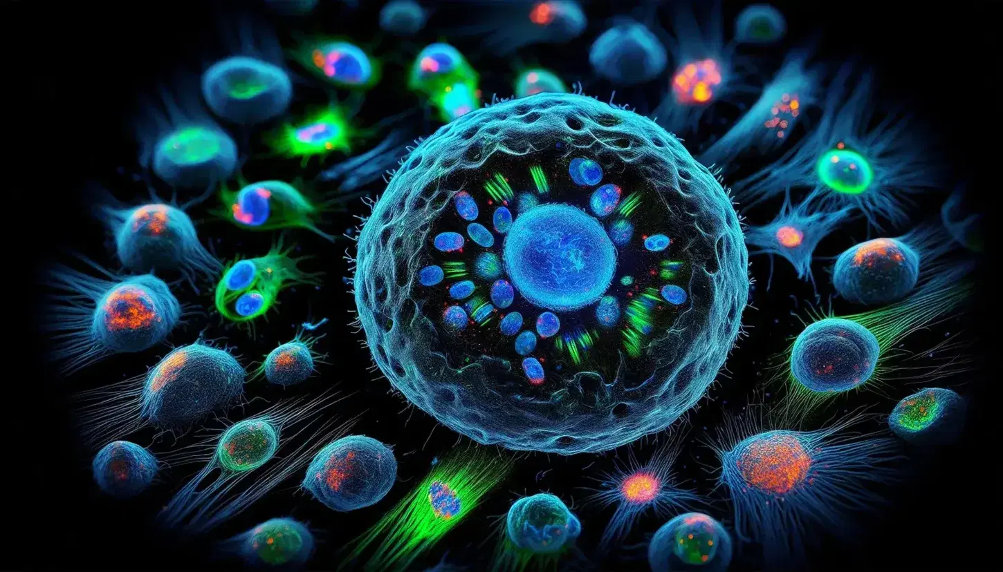 Vista microscópica de células humanas teñidas con colorantes fluorescentes, destacando un núcleo azul brillante y citoplasma verde luminoso, con células en división al fondo.
