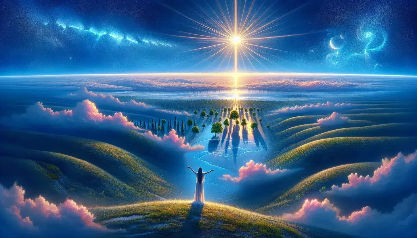 Cielo azzurro con sole radiante e nuvole colorate al tramonto, colline verdi, fiume luccicante e figura umana contemplativa in abito bianco.