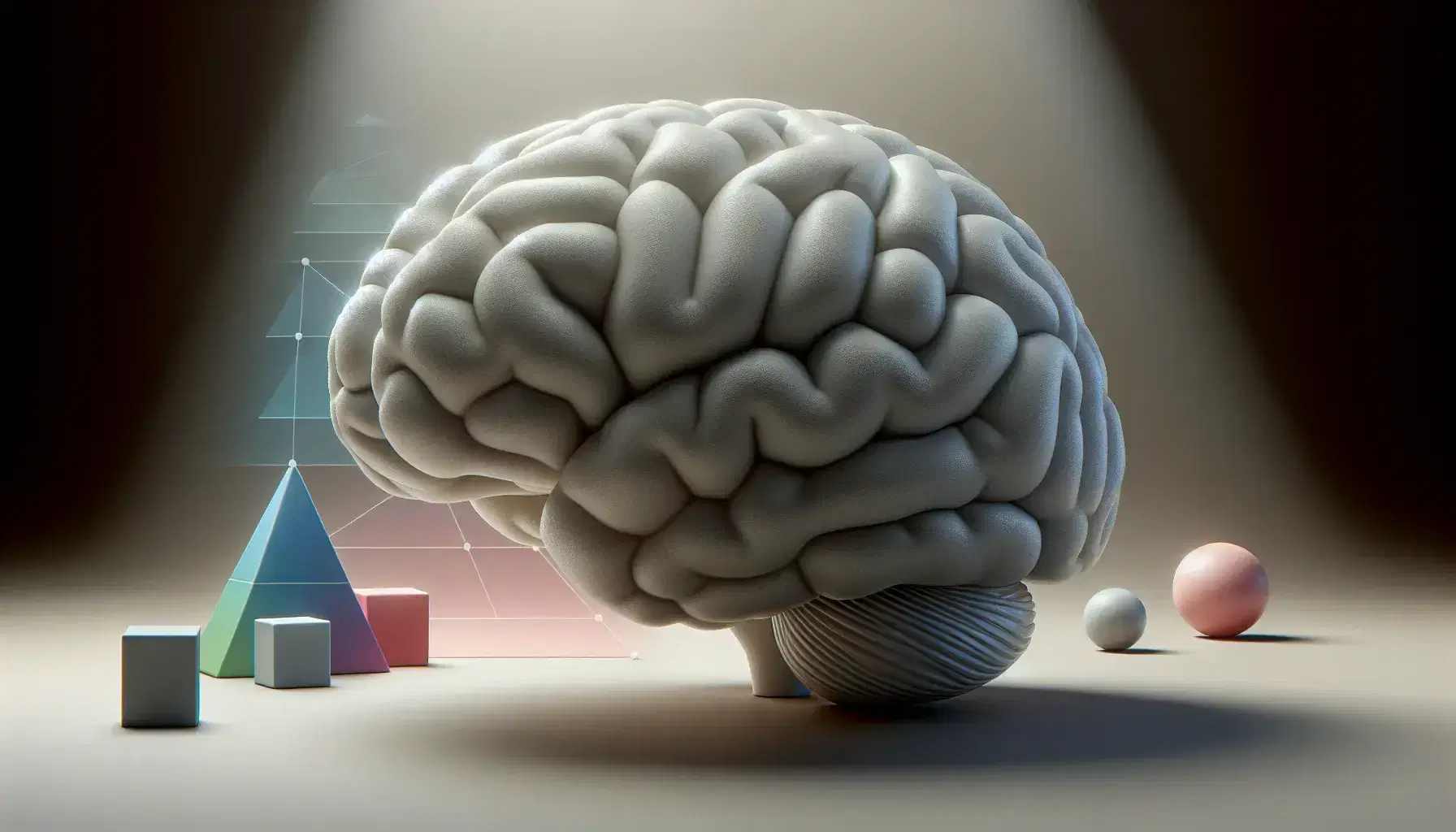 Cerebro humano tridimensional en primer plano con textura brillante sobre fondo oscuro, acompañado de figuras geométricas en colores sólidos flotando a su izquierda.