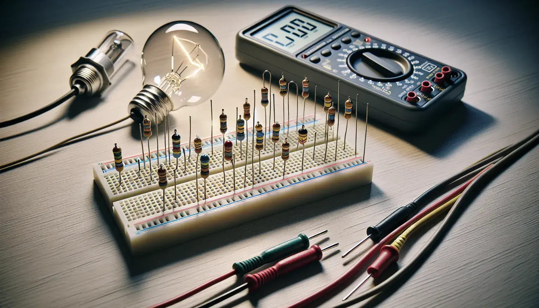 Componenti elettronici su tavolo in legno con breadboard, resistenze, multimetro spento, lampadina e motore elettrico.