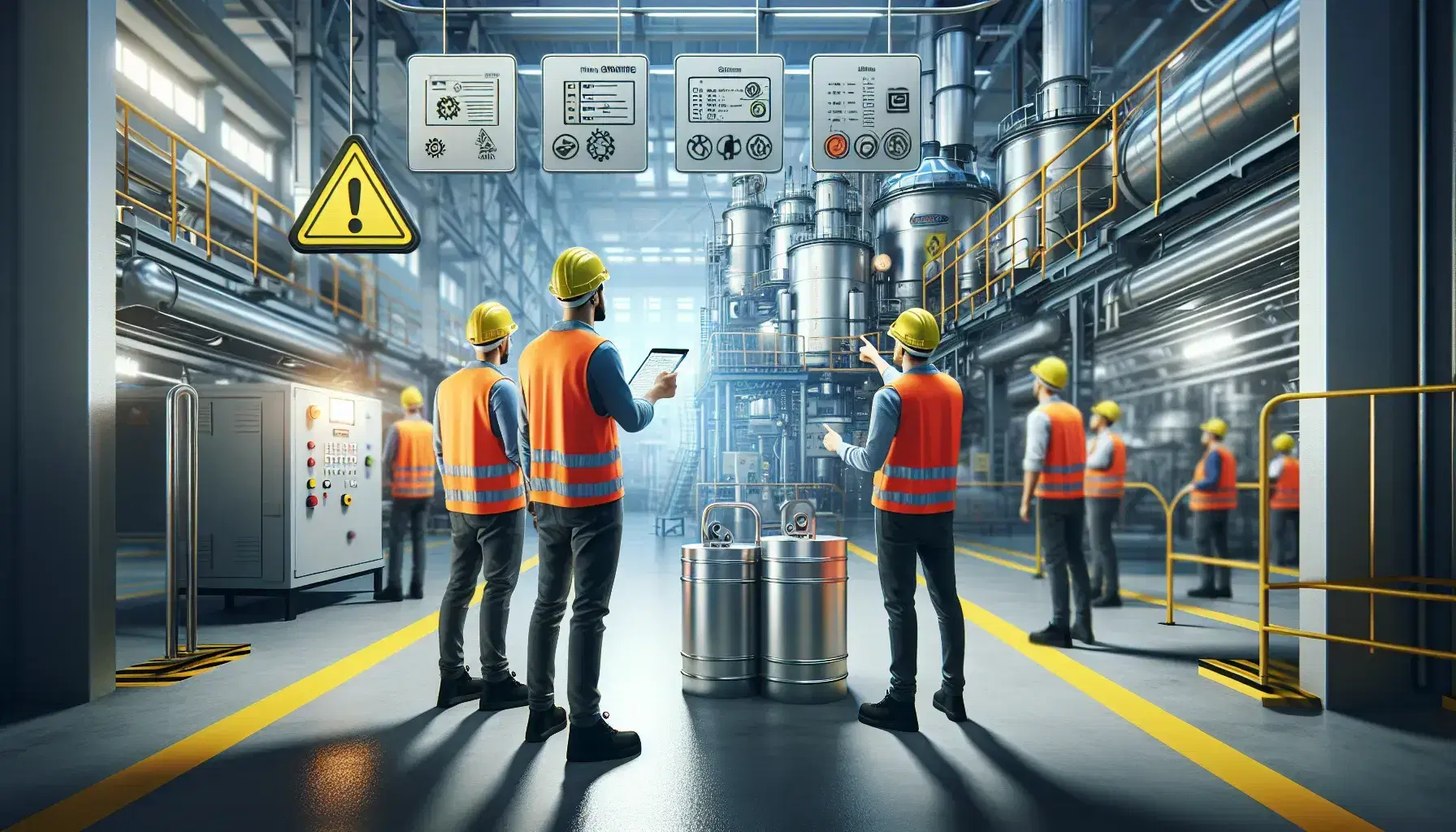 Trabajadores con cascos de seguridad y chalecos reflectantes en fábrica, uno con tableta y otro señalando maquinaria, en entorno industrial organizado.