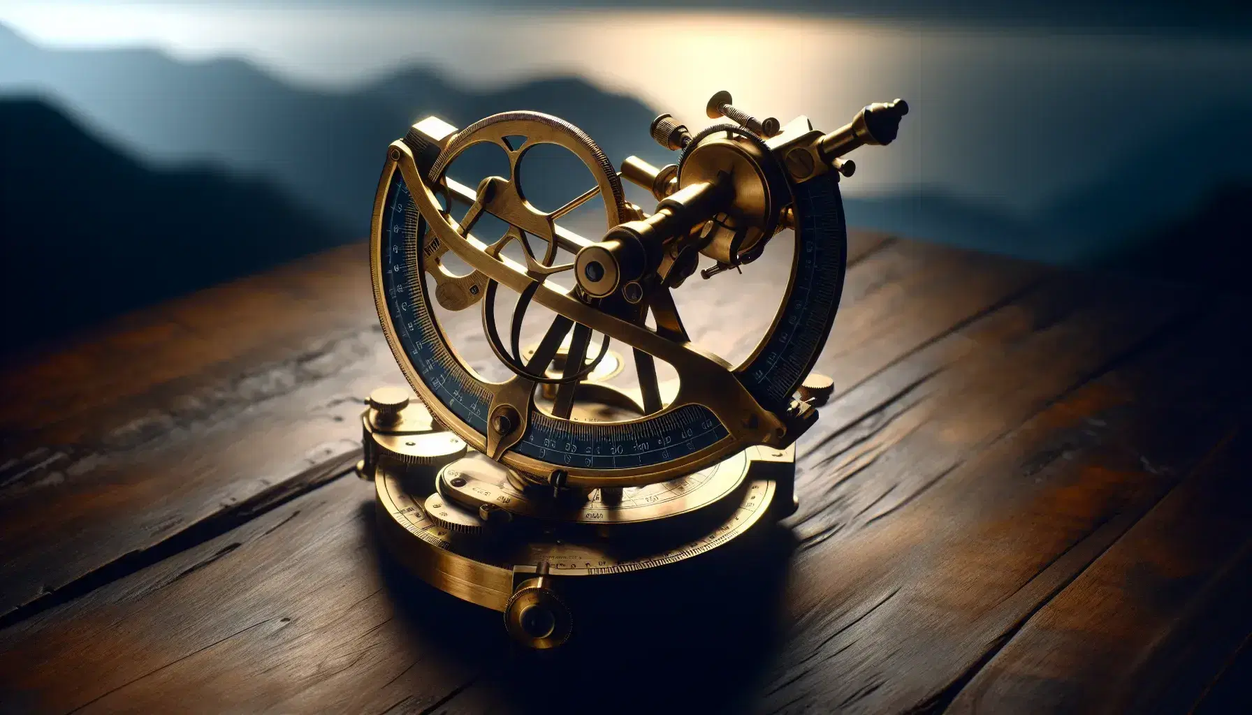 Vintage brass sextant with polished metal surfaces and intricate parts, including mirrors and a telescope, on a wooden surface against a blurred twilight sky background.