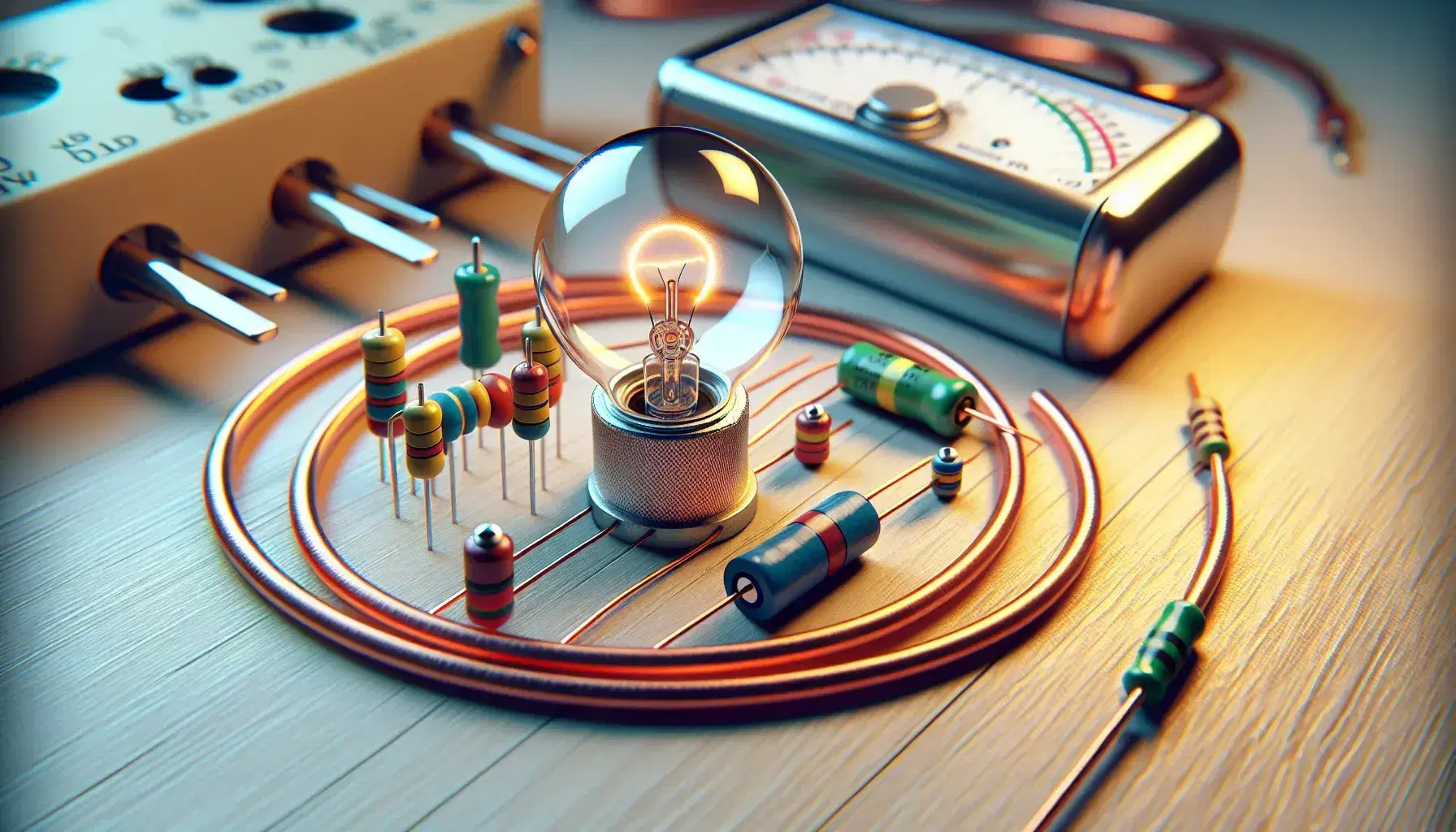 Circuito elettrico semplice su superficie in legno con lampadina accesa, resistore colorato, fili di rame e batteria cilindrica.