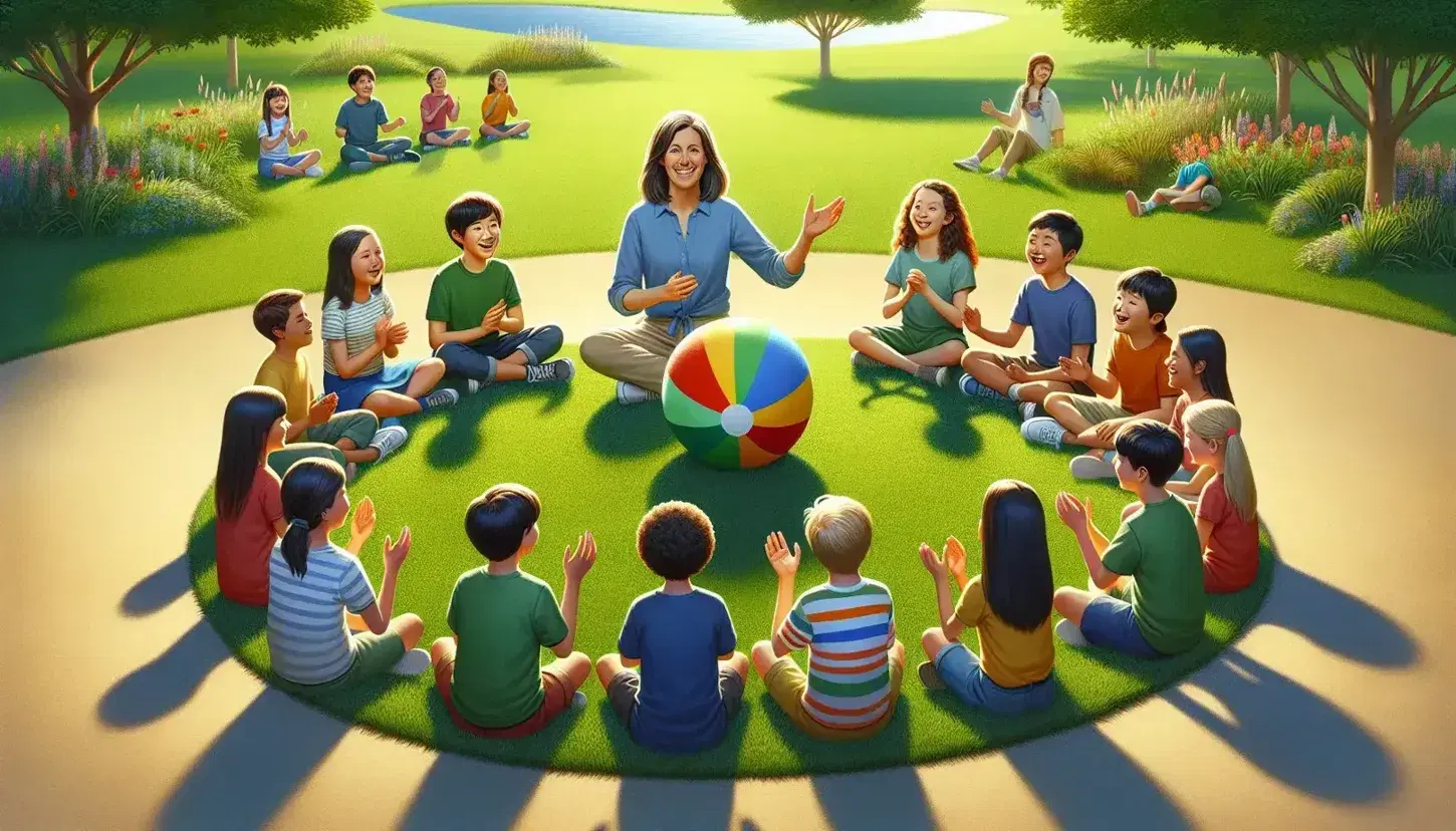 Educatrice sorridente con palla colorata circondata da bambini e ragazzi felici seduti in cerchio su prato verde, inclusione e gioco all'aperto.