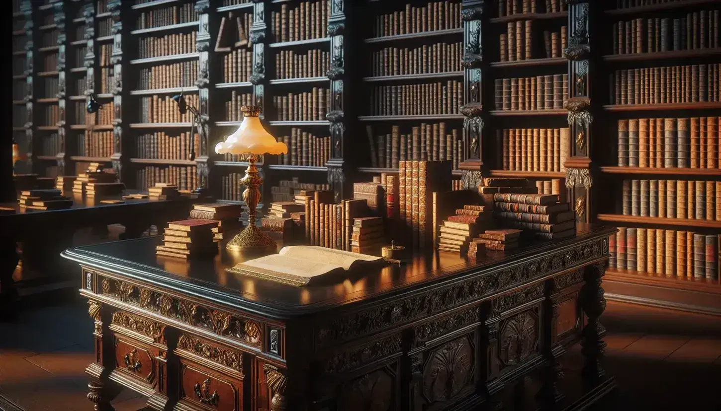 Biblioteca antica con scrivania in legno scuro, libri impilati, lampada in ottone, scaffali pieni di volumi e uomo anziano che legge.