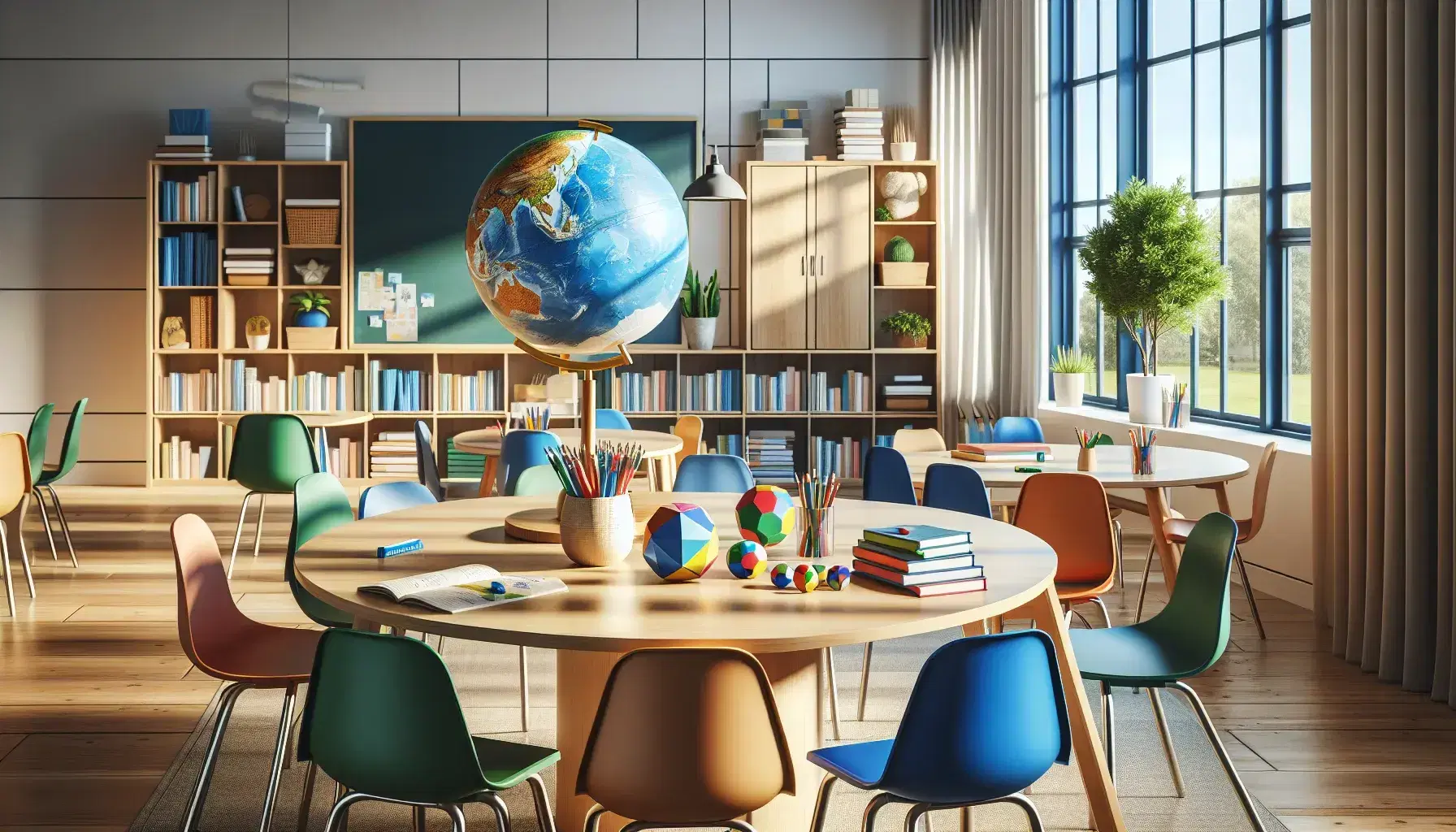 Aula escolar iluminada con luz natural, mesa redonda con sillas de colores y objetos educativos como un globo terráqueo y figuras geométricas, junto a una pizarra blanca y estantería con libros.