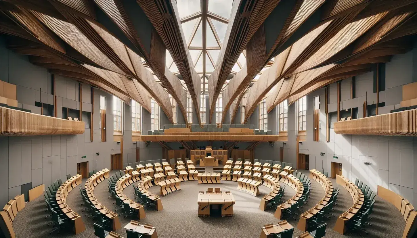 Scottish Parliament debating chamber with semi-circular light wood desks, speaker's podium, intersecting wooden ceiling beams, and large vertical windows.
