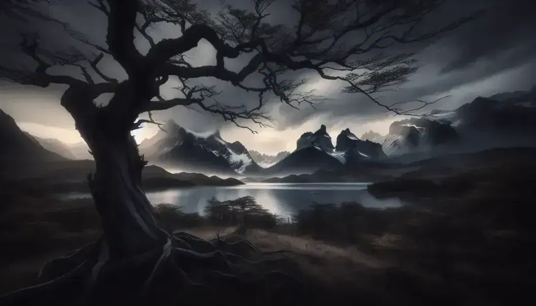Árbol sin hojas con ramas retorcidas en primer plano, lago tranquilo y montañas neblinosas al fondo bajo un cielo nublado que refleja una luz tenue.