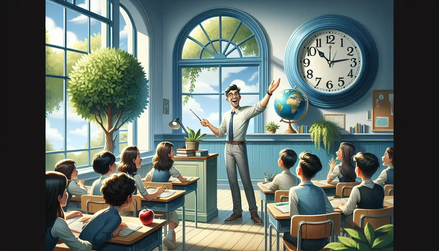 Aula scolastica con insegnante sorridente che gestisce lezione, studenti attenti, orologio blu, mappamondo e mela rossa sul banco.