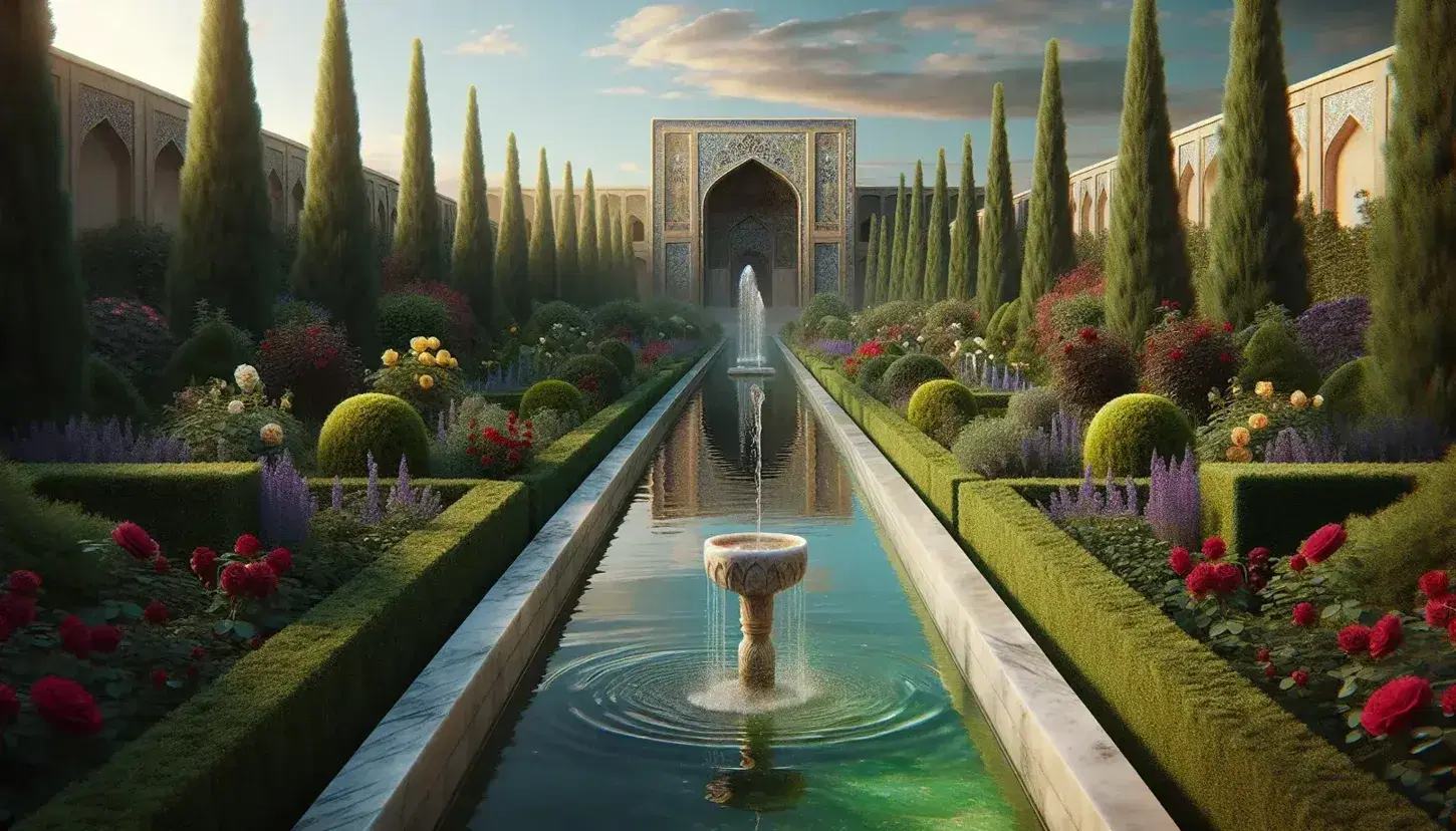 Traditional Persian garden with a central water channel, marble fountain, and a variety of flowers, framed by cypress trees and a sandstone architectural backdrop under a clear sky.