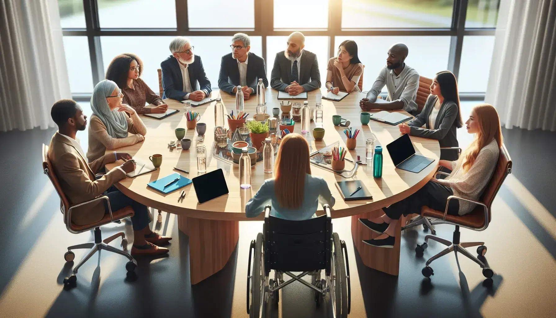 Diverse group of professionals in a bright conference room with a wooden table, tech devices, and drinks, engaging in a collaborative discussion.