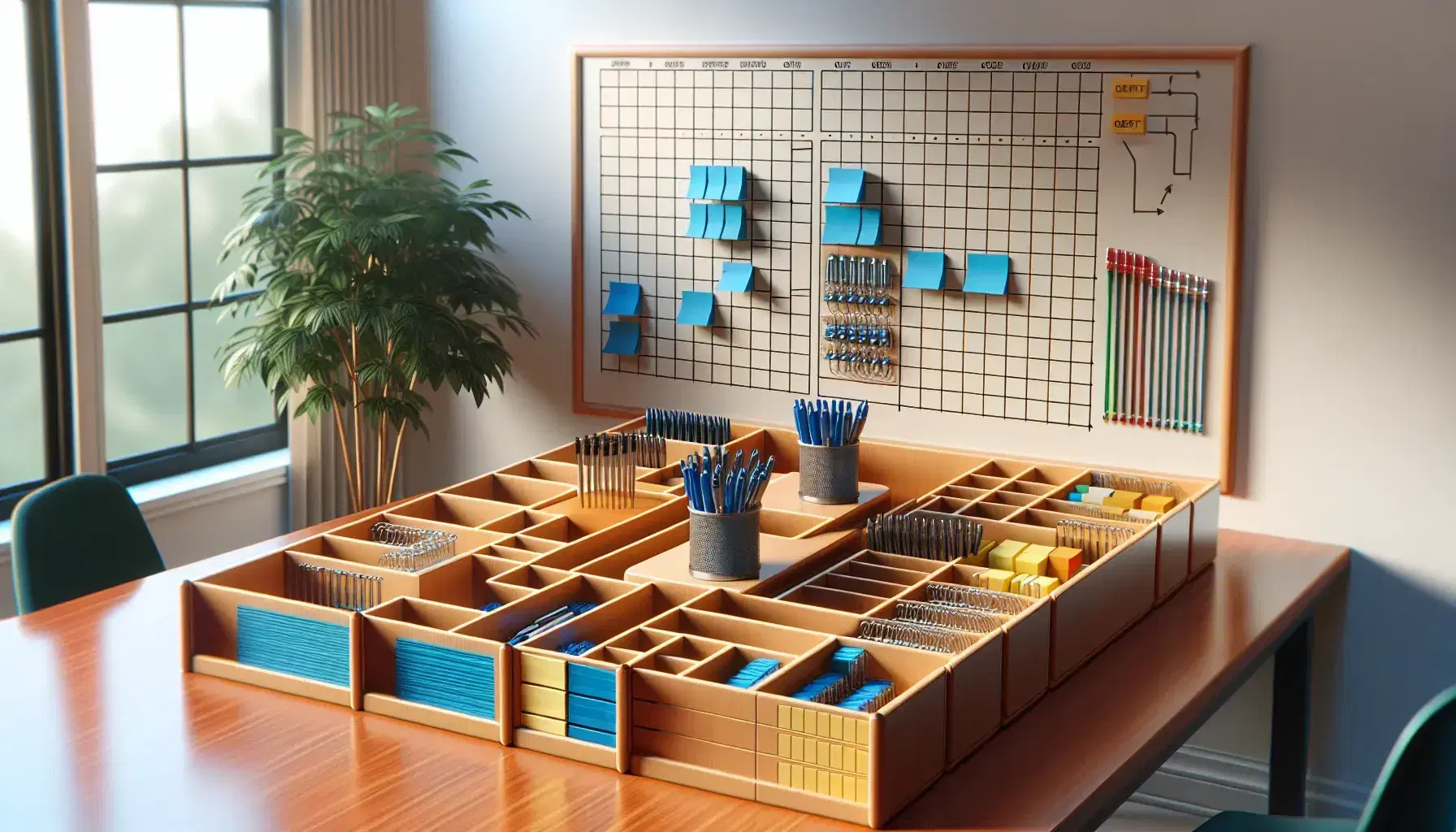 Tidy office with wooden desk, compartments with blue pens, yellow post-its, red paper clips, grid board and green plant.