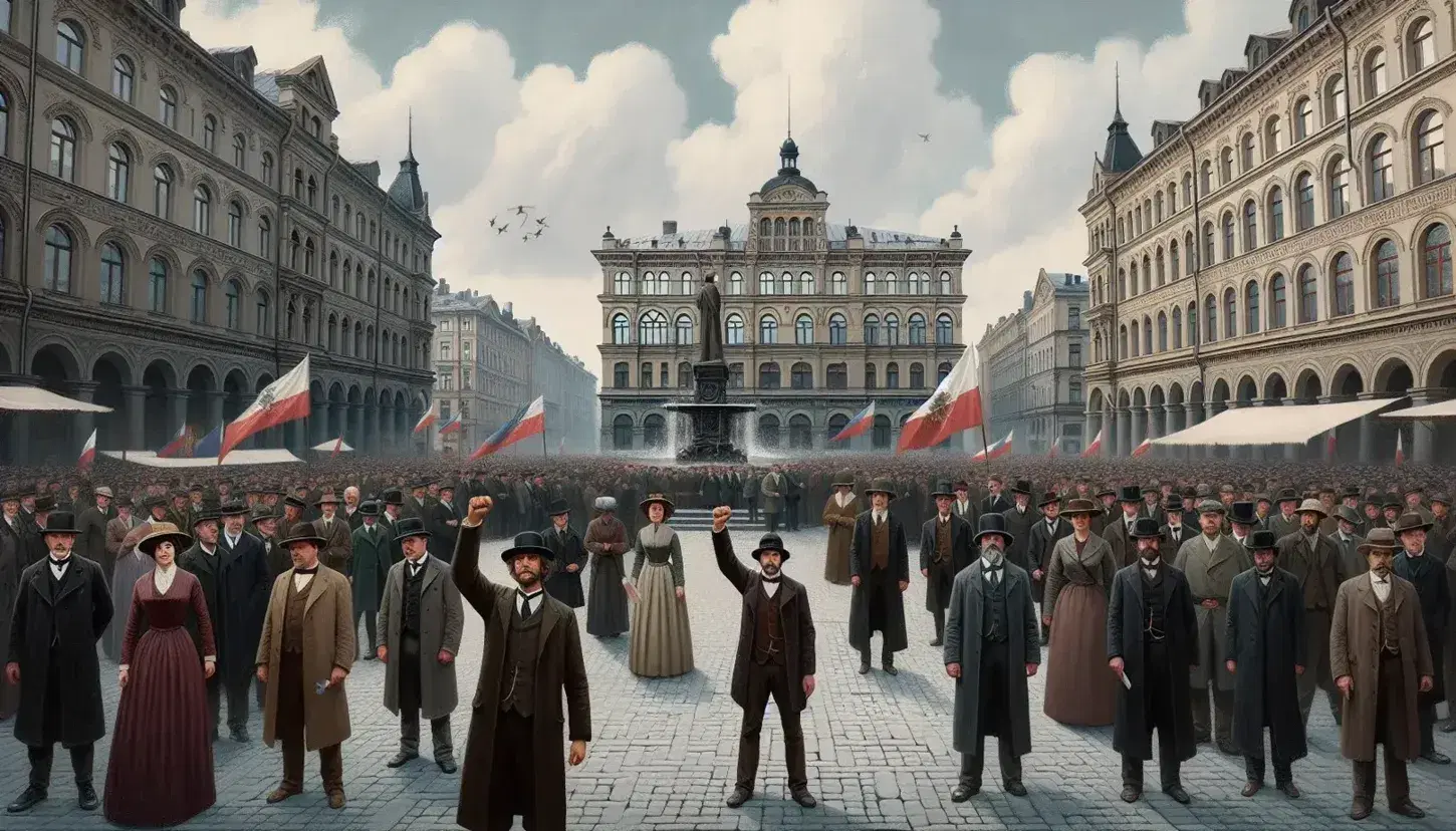 Gruppo di persone in abiti d'epoca con bandiere in piazza storica europea, uomo con pugno alzato, atmosfera pacifica e unità.