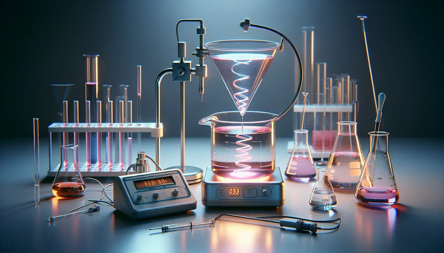 Laboratorio scientifico con strumenti di precisione, tra cui un supporto universale con imbuto separatore e soluzione rosa, becher su agitatore magnetico e potenziometro spento.