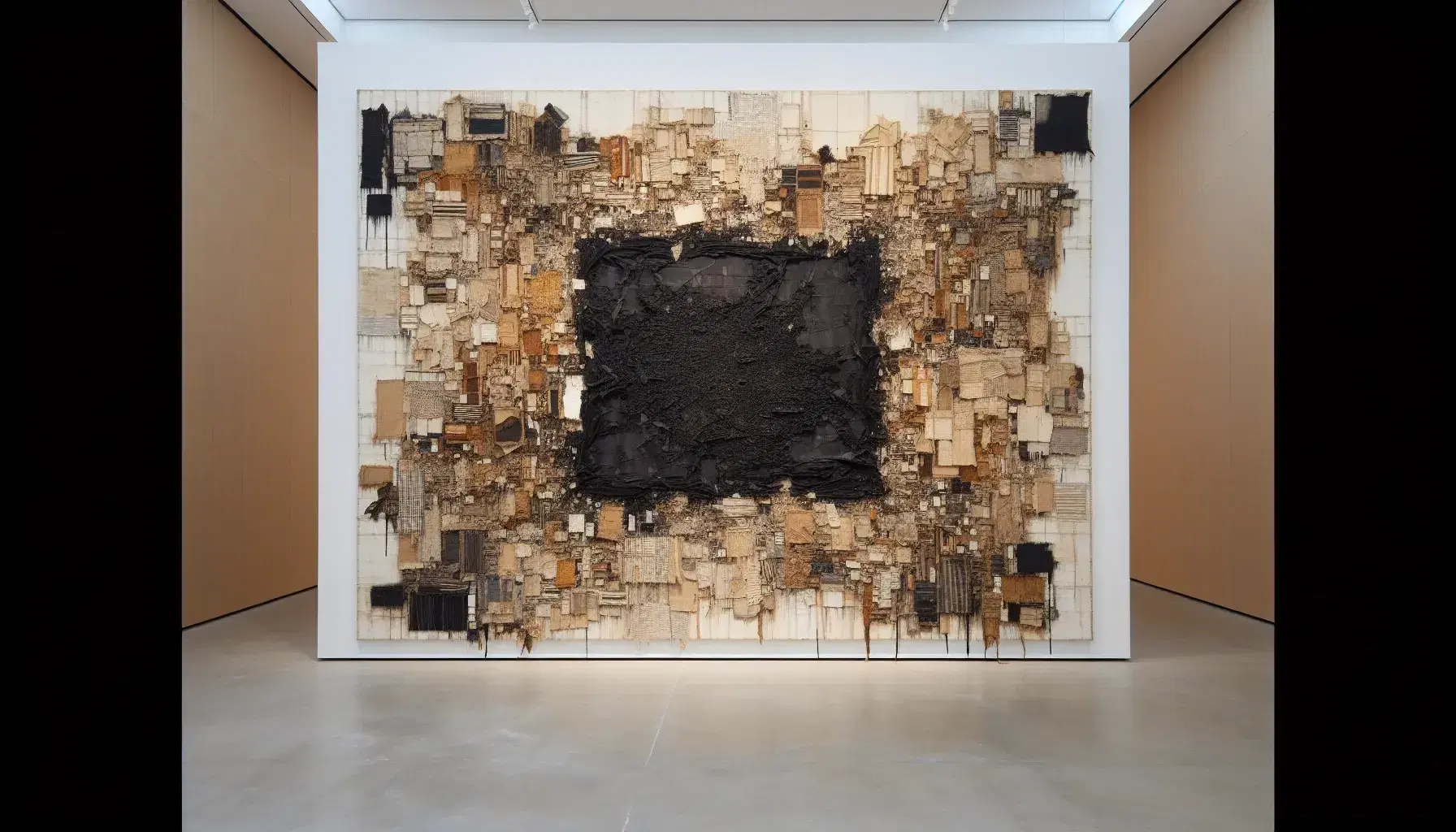 Tela astratta con area centrale nera in pasta bituminosa e strisce di tessuto grezzo sovrapposte, in toni del marrone e beige, in galleria d'arte.