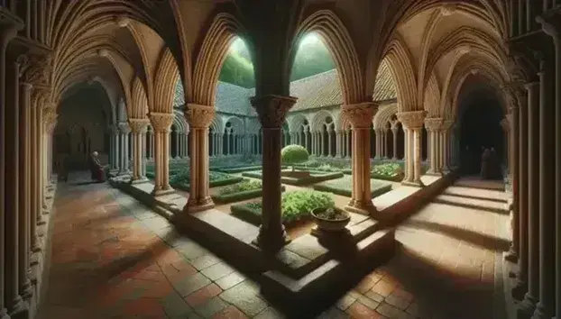 Chiostro medievale con giardino, colonne con capitelli scolpiti, monaci che leggono e fontana in pietra, in un'abbazia tranquilla.