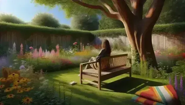 Banco de madera en jardín tranquilo con flores de colores, manta tejida y persona contemplativa bajo árbol frondoso en día soleado.