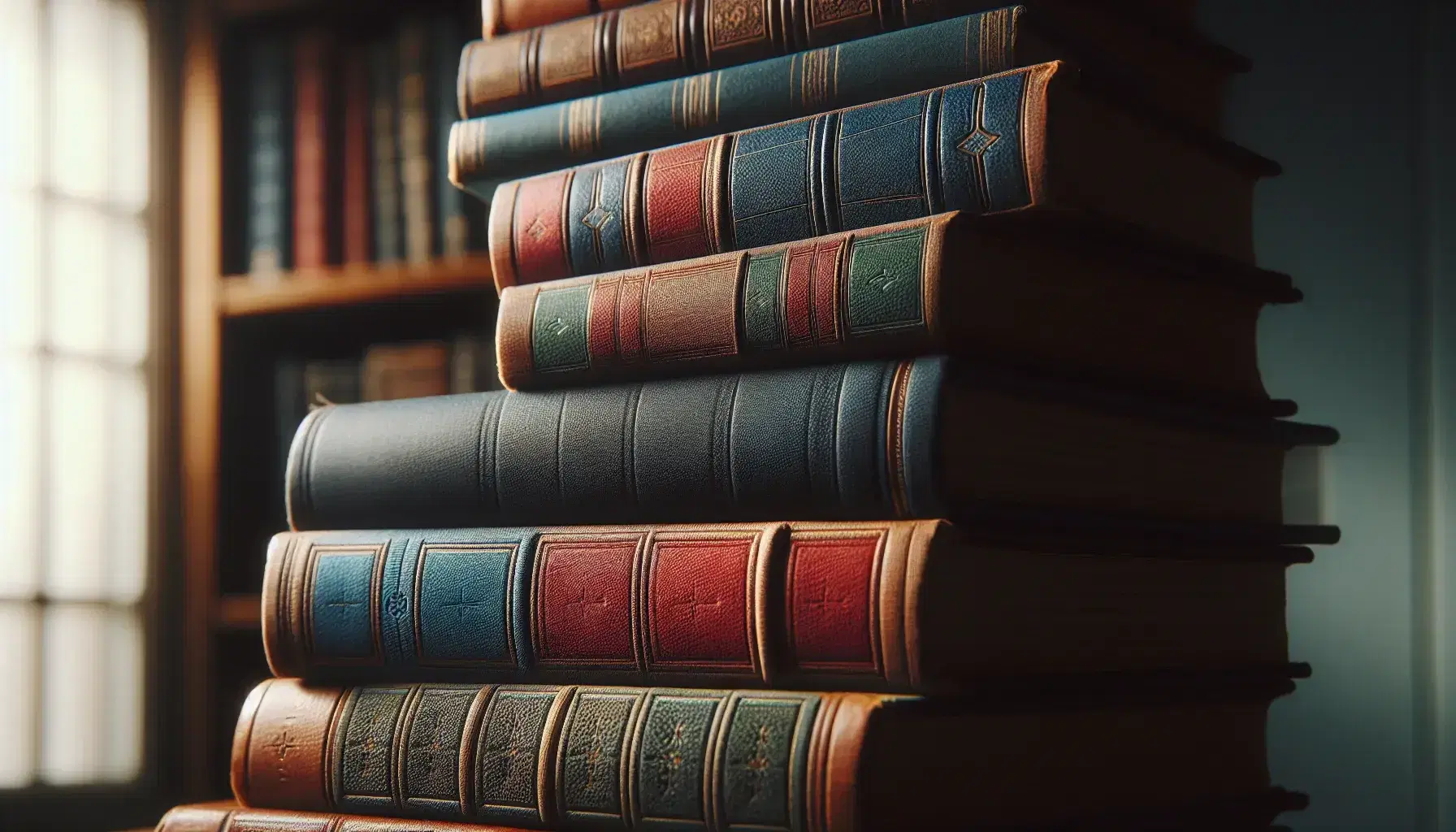 Stack of hardcover books with colorful spines in shades of blue, green, red, and brown, showing wear from use, set against a soft-focus wooden shelf background.