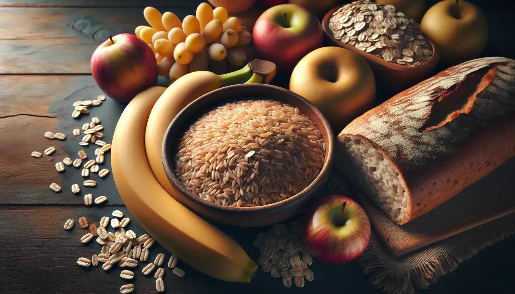 Wooden table with foods rich in carbohydrates: brown rice, ripe bananas, oats, wholemeal bread, red apples, bunch of grapes and sweet potato.