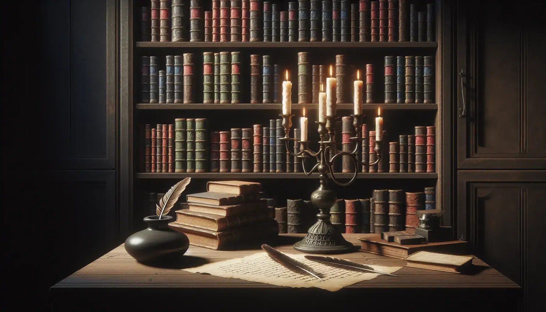 Estantería de madera oscura repleta de libros variados junto a una mesa con candelabro antiguo, tintero y pluma, evocando un ambiente de estudio clásico.