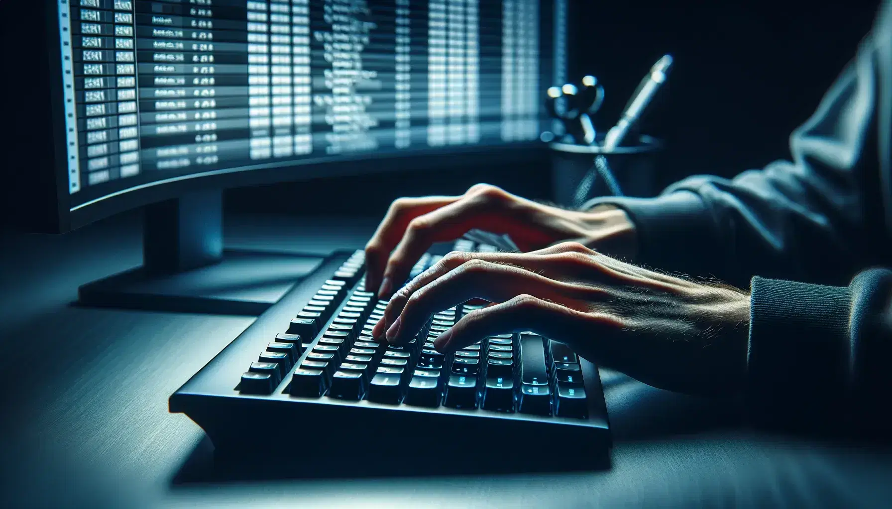 Hands typing on modern computer keyboard with black keys and metallic body, background with screen and blank cell grid.