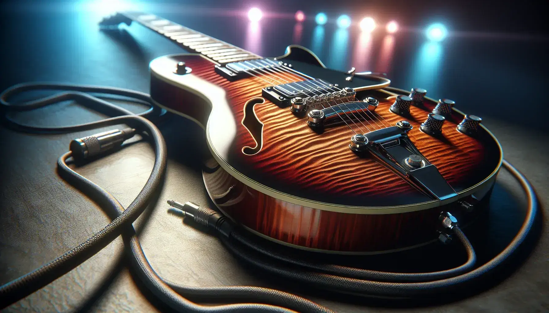 Guitarra eléctrica clásica con cuerpo de madera pulida en tonos rojizos y marrones, cuerdas metálicas y trastes visibles, junto a un cable de instrumento negro.