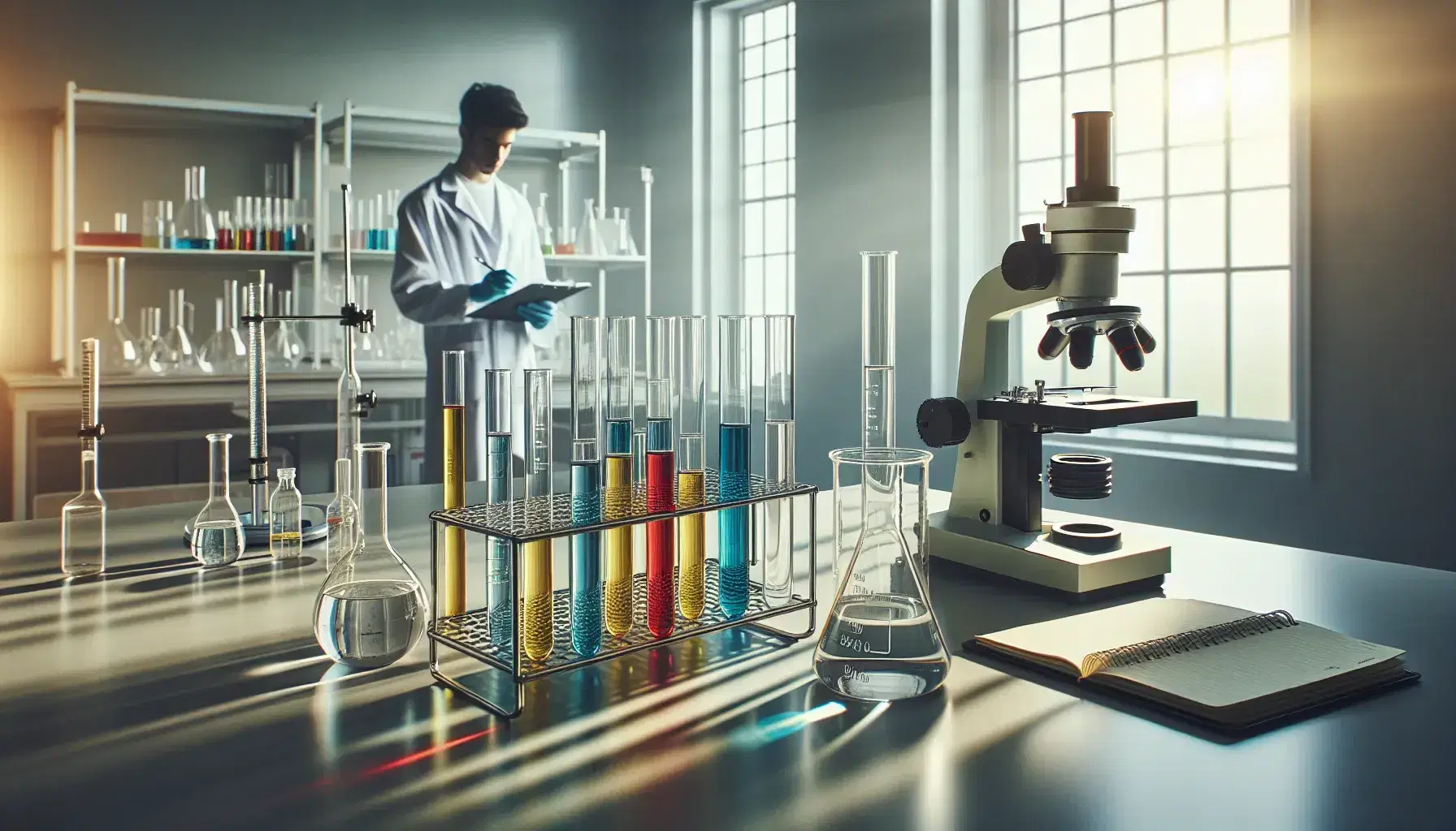 Laboratorio científico iluminado con mesa y tubos de ensayo de colores, microscopio moderno y científico anotando datos, sin marcas visibles.