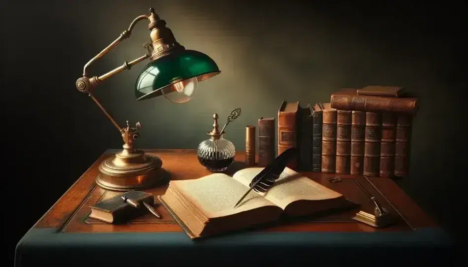 Serene study environment with antique wooden desk, brass and green glass lamp, open book, inkwell and quill pen, globe and garden view.