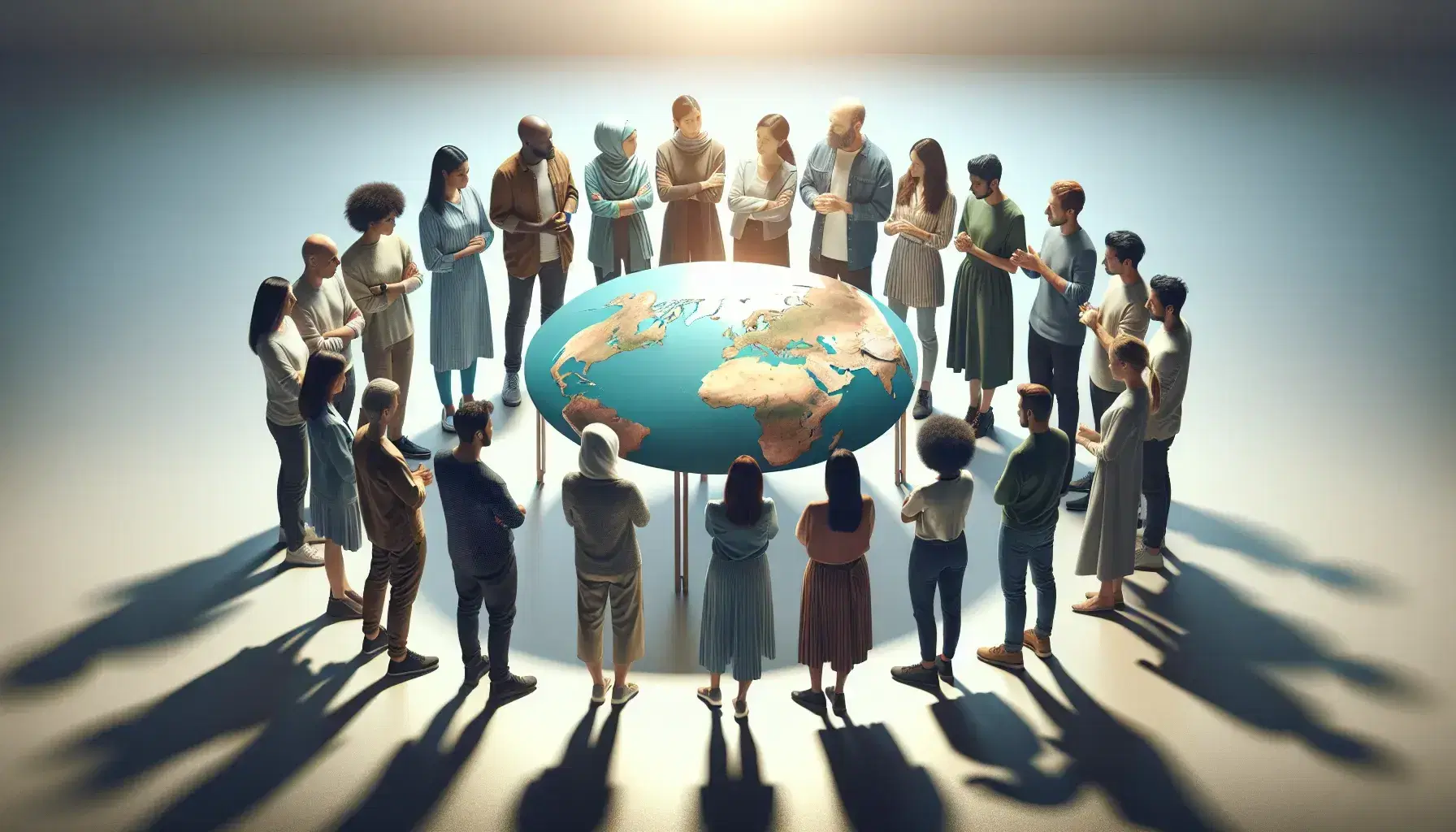 Grupo diverso de personas de distintas edades y etnias en debate alrededor de una mesa con un globo terráqueo sin texto ni fronteras.