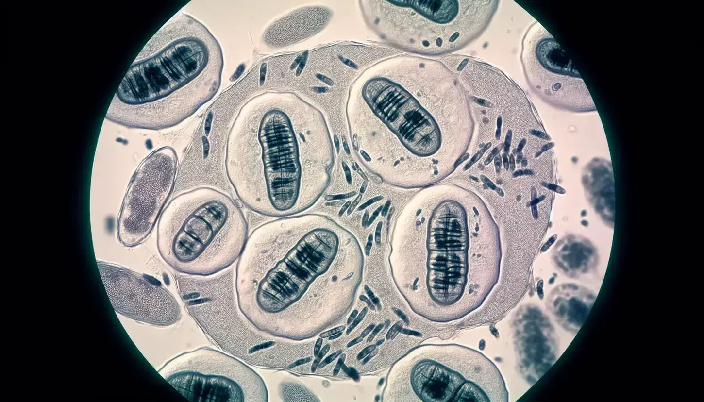 Células observadas al microscopio óptico durante meiosis con cromosomas visibles y células haploides circundantes, teñidas en tonos rosados y violetas.
