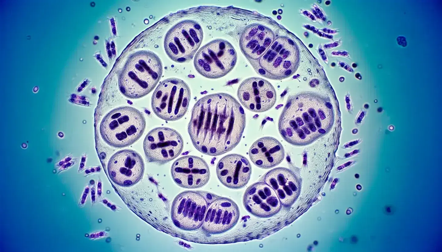 Células en diferentes etapas del ciclo celular bajo microscopio óptico, destacando una en metafase con cromosomas en 'X' morados y otra en telofase.