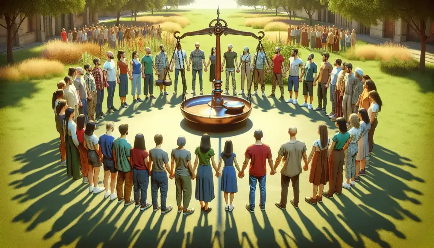 Grupo diverso de personas unidas de la mano en círculo alrededor de una balanza equilibrada en un parque, reflejando unidad y equidad en un día soleado.