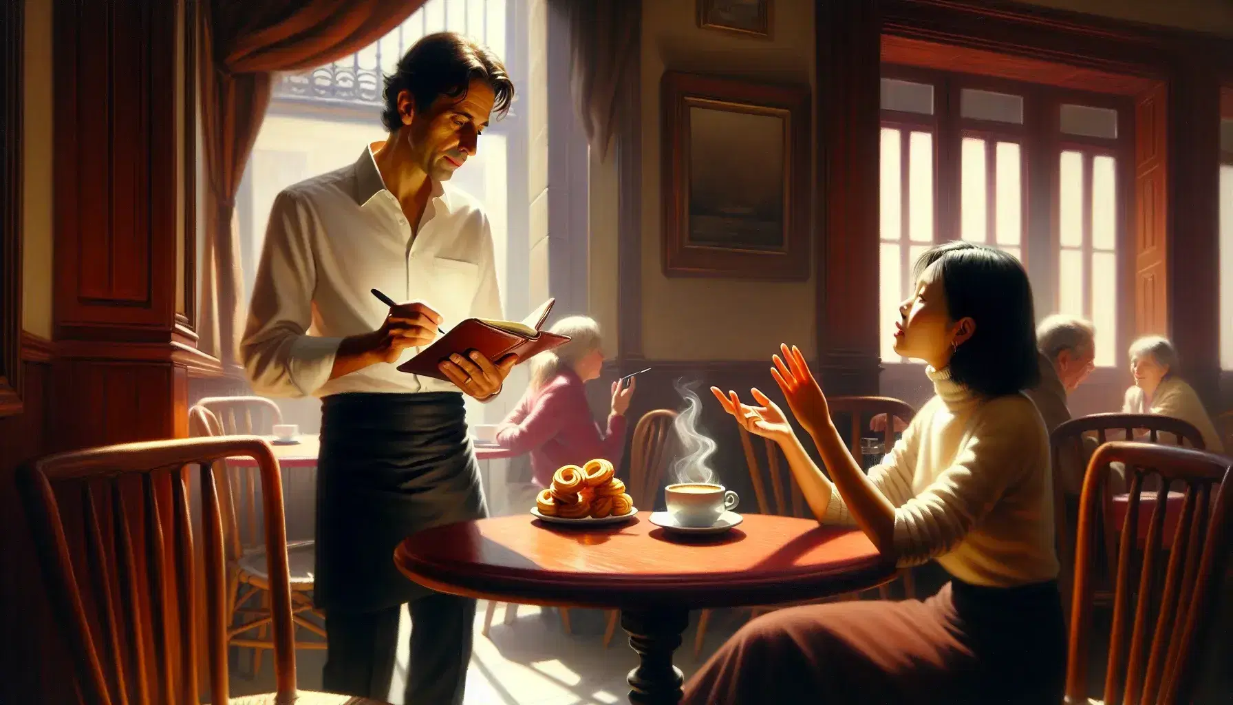 Waiter attentively listens to a woman gesturing at a table with coffee and churros in a cozy Spanish café, bathed in warm, natural light.